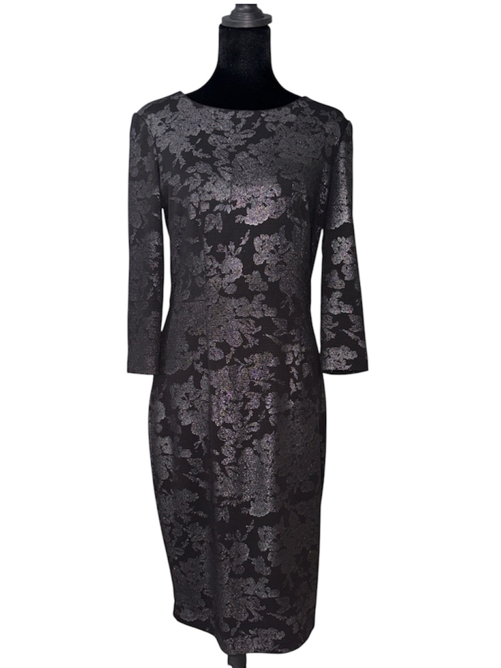 Belle Badgley Mischka Women’s Metallic Black Floral Sheath Dress Size 6